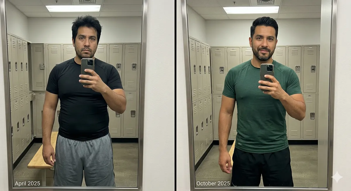 Kevin, 41 — Before and after andropause treatment showing muscle gain and fat loss