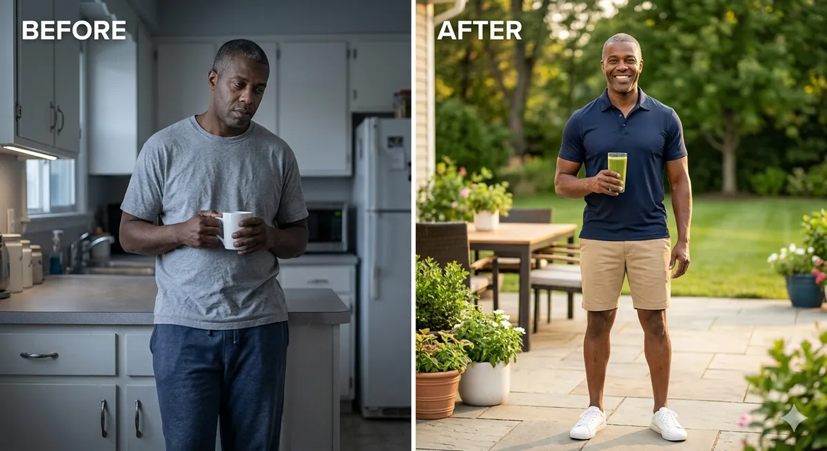 Mark, 48 — Before and after andropause treatment showing weight loss and energy improvement