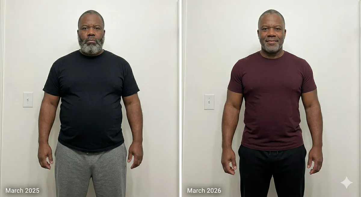 William, 55 — Before and after andropause treatment showing dramatic body transformation
